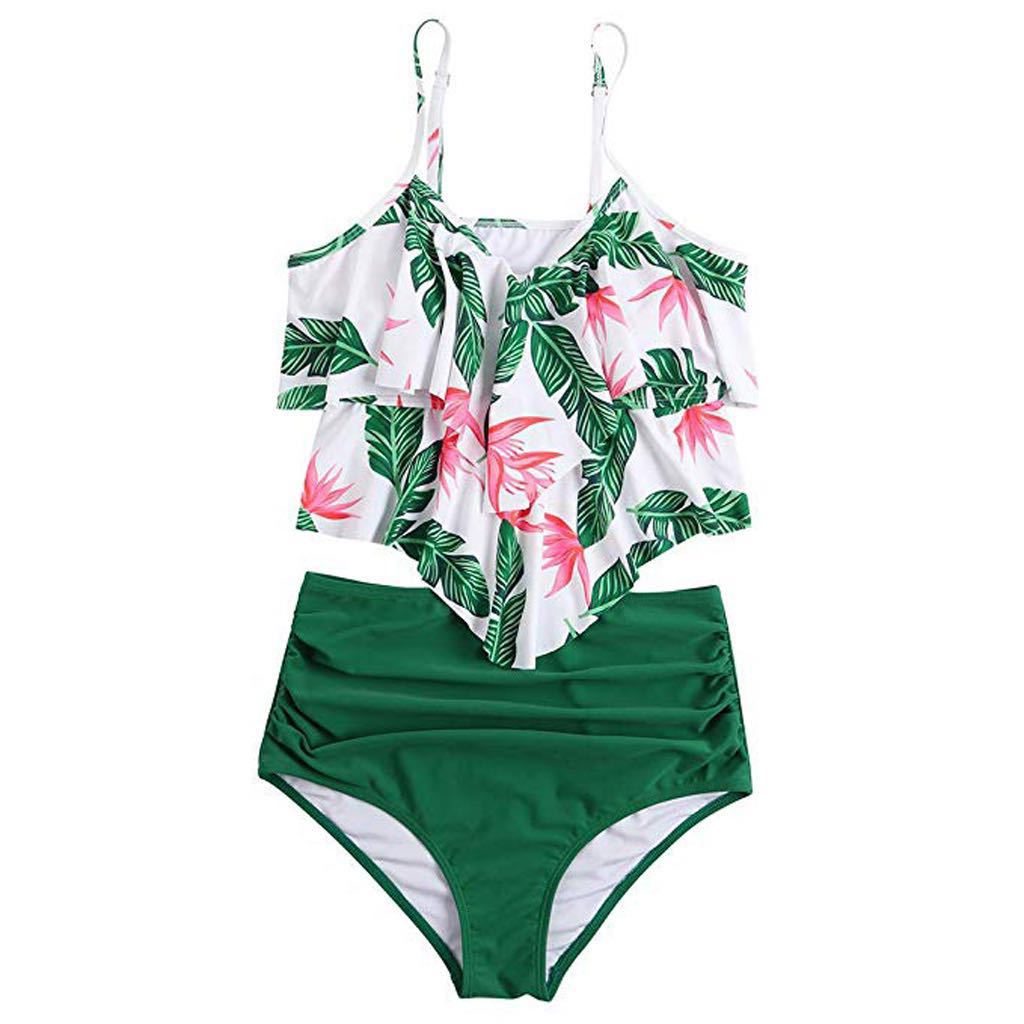 Ruches Bikini met Hoge Taille voor Dames - Groen met bloemen