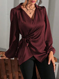 Satijnen Blouse met Wikkeldesign en Lange Mouwen voor Dames - Bourgondië