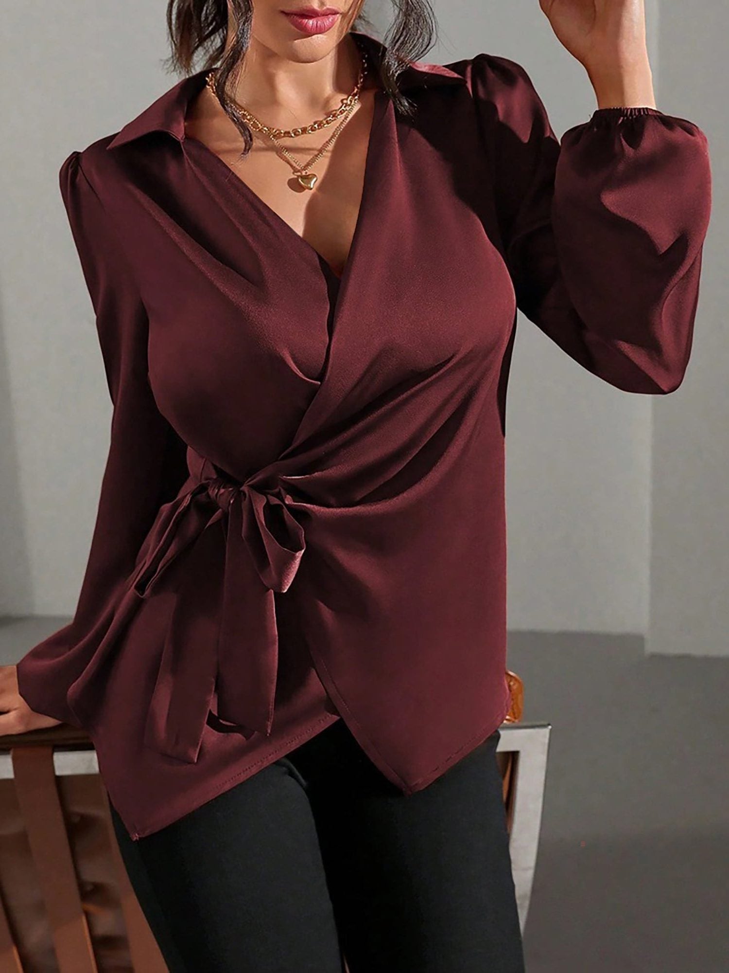 Satijnen Blouse met Wikkeldesign en Lange Mouwen voor Dames - View 5