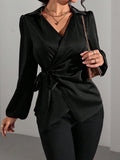 Satijnen Blouse met Wikkeldesign en Lange Mouwen voor Dames - Zwart