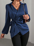 Satijnen Blouse met Wikkeldesign en Lange Mouwen voor Dames - Blauw