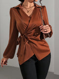 Satijnen Blouse met Wikkeldesign en Lange Mouwen voor Dames - Bruin