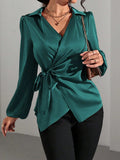 Satijnen Blouse met Wikkeldesign en Lange Mouwen voor Dames - Donkergroen