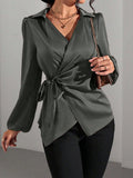 Satijnen Blouse met Wikkeldesign en Lange Mouwen voor Dames - Grijs