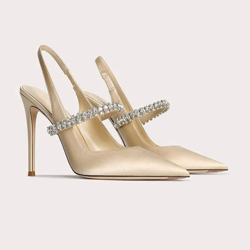 Satijnen Pumps met Puntige Neus en Kristallen Enkelband voor Dames