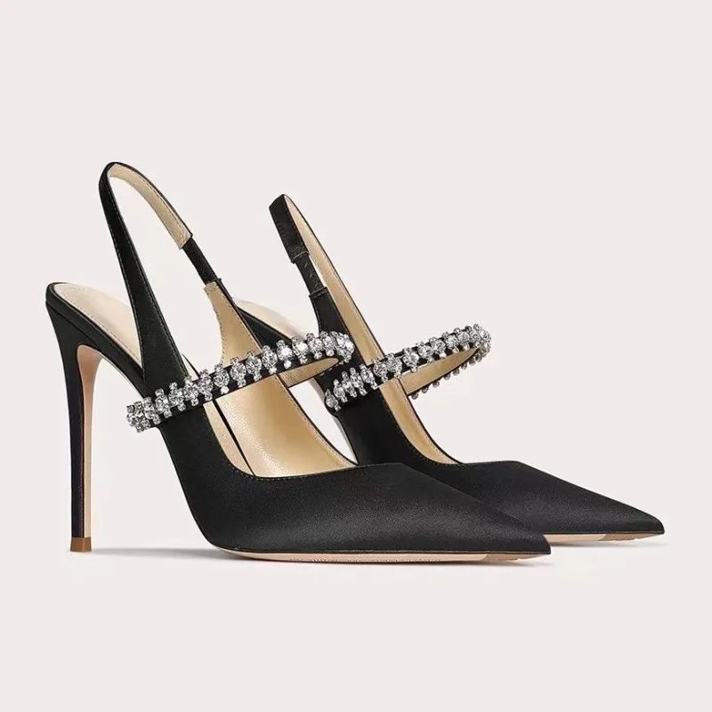 Satijnen Pumps met Puntige Neus en Kristallen Enkelband voor Dames - Zwart