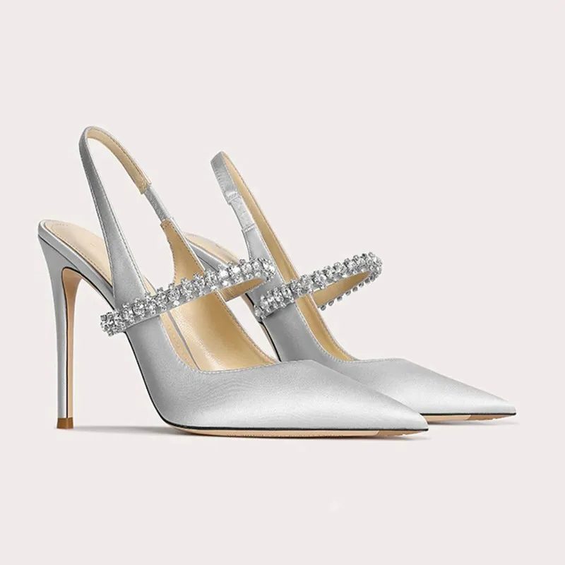 Satijnen Pumps met Puntige Neus en Kristallen Enkelband voor Dames - Zilver