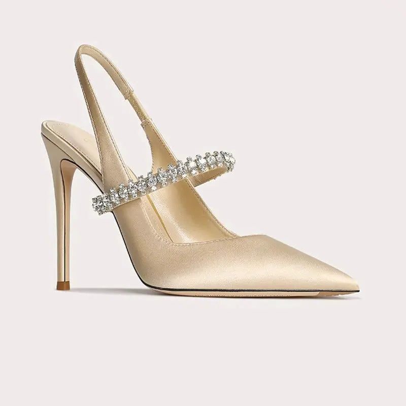 Satijnen Pumps met Puntige Neus en Kristallen Enkelband voor Dames