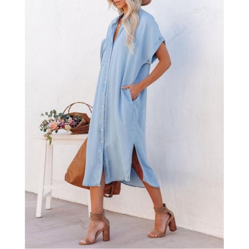 Denim Midi Jurk met Knoopsluiting voor Dames