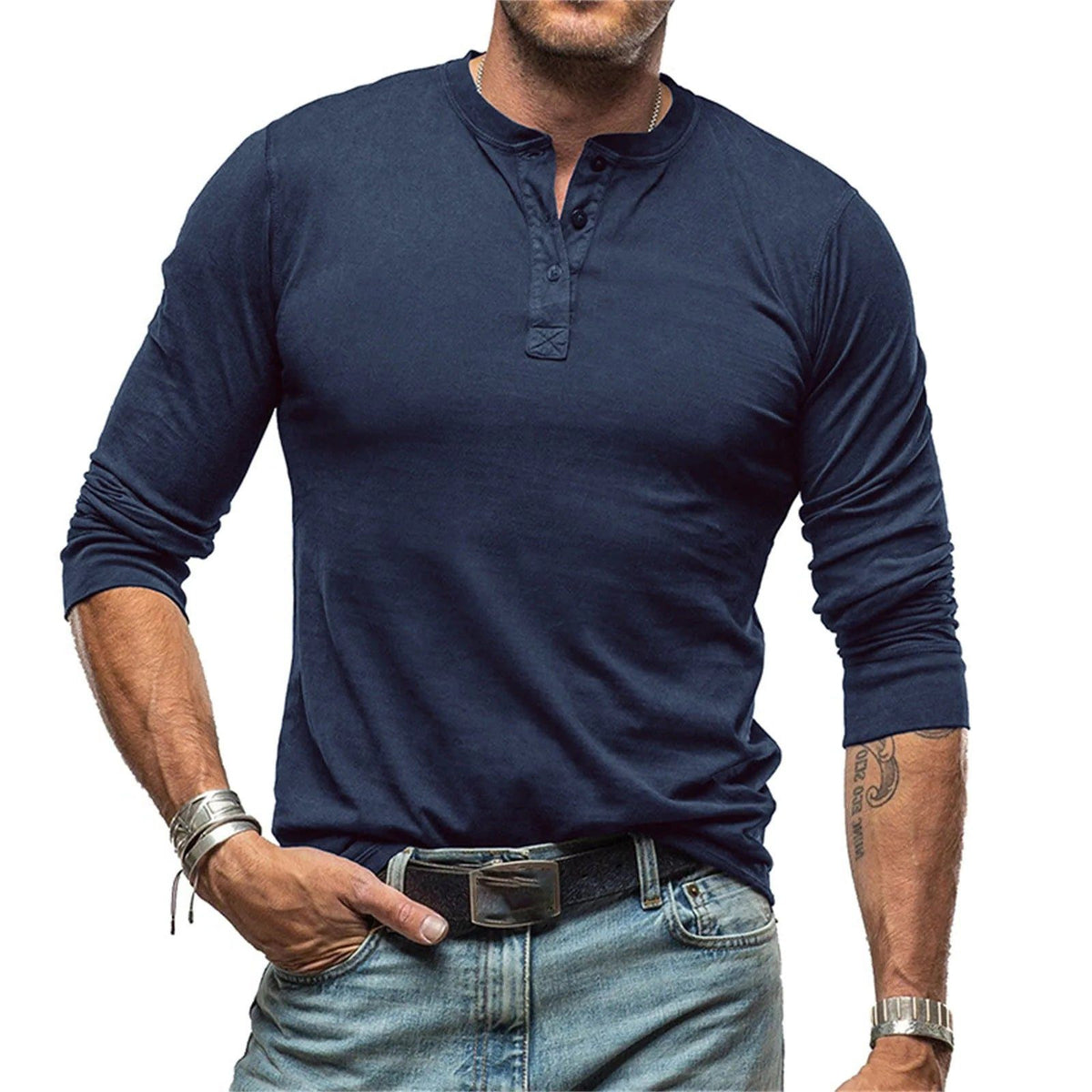 Slim Fit Henley met Lange Mouwen voor Heren - Blauw