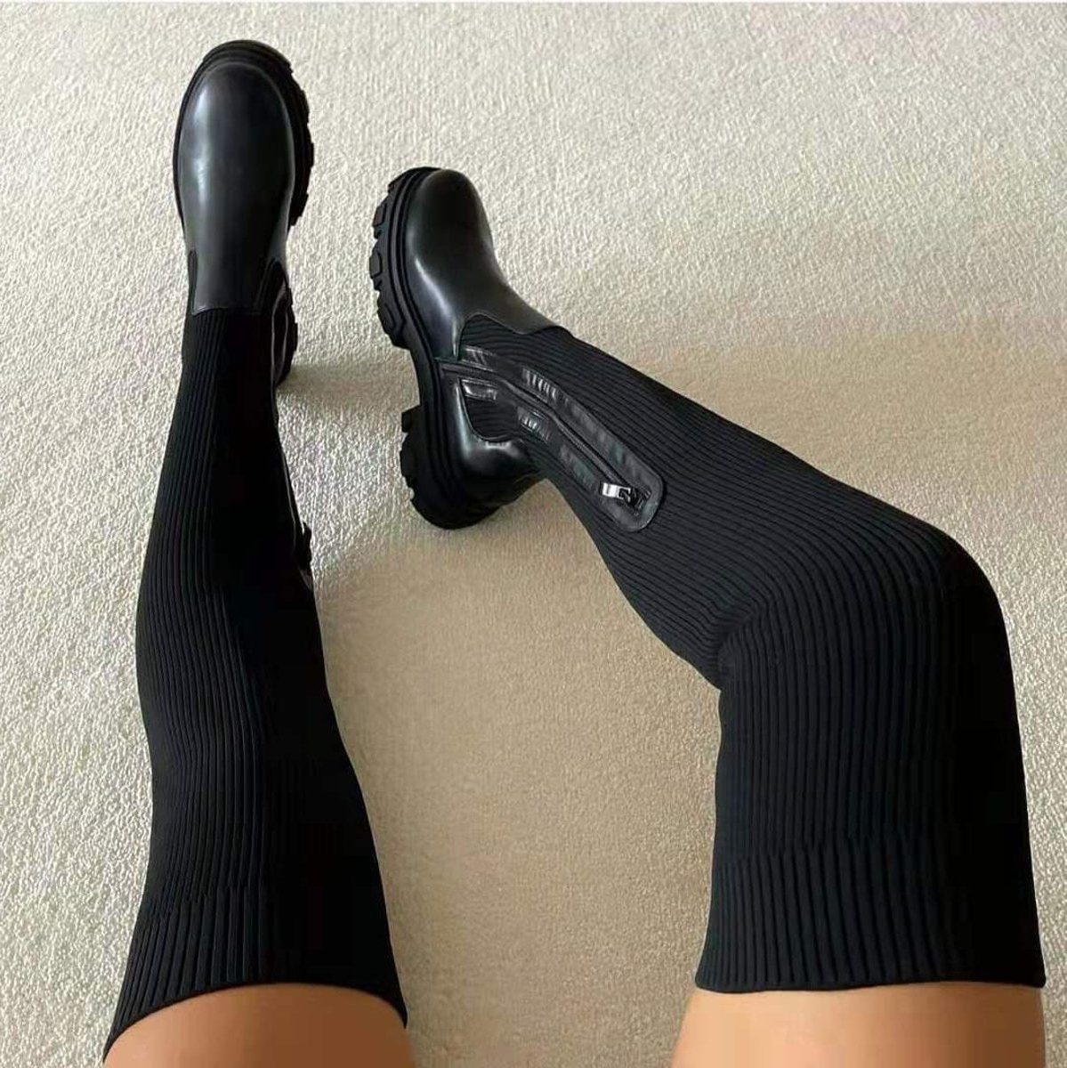 Stretch Overknee Laarzen met Plateauzool voor Dames - Zwart