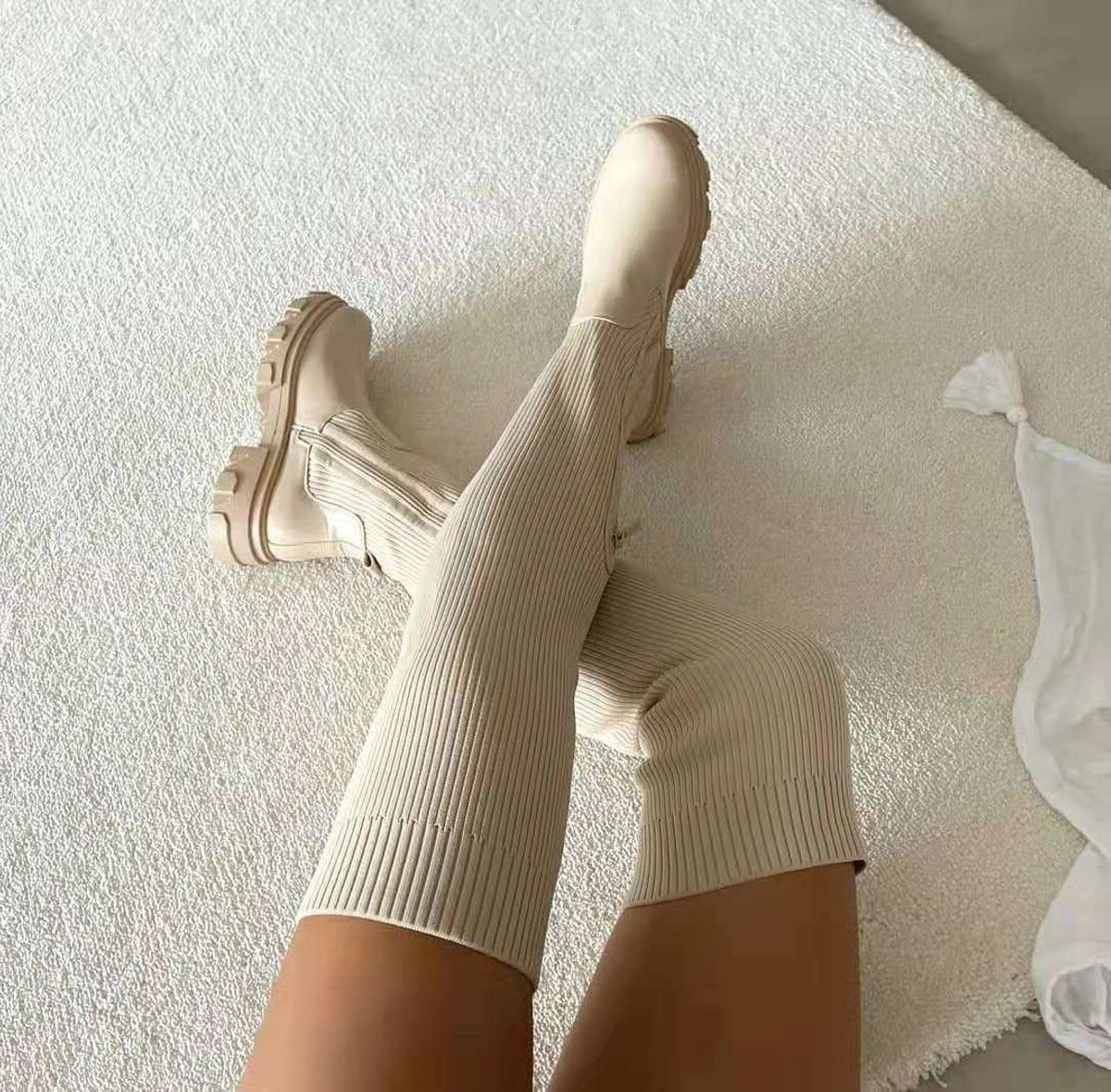 Stretch Overknee Laarzen met Plateauzool voor Dames - Beige