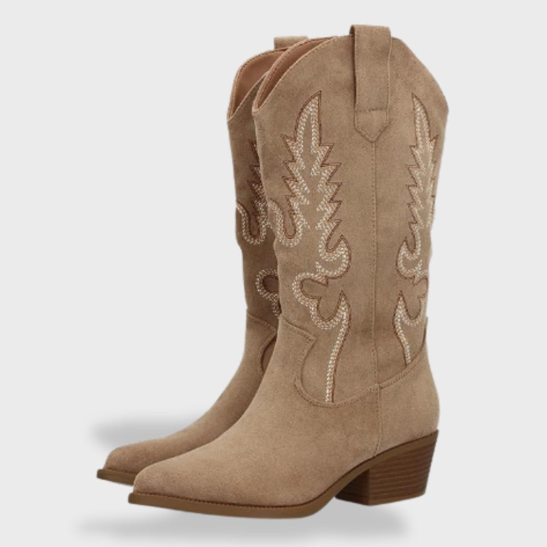 Suède Cowboy Laarzen met Borduurwerk voor Dames - Kaki