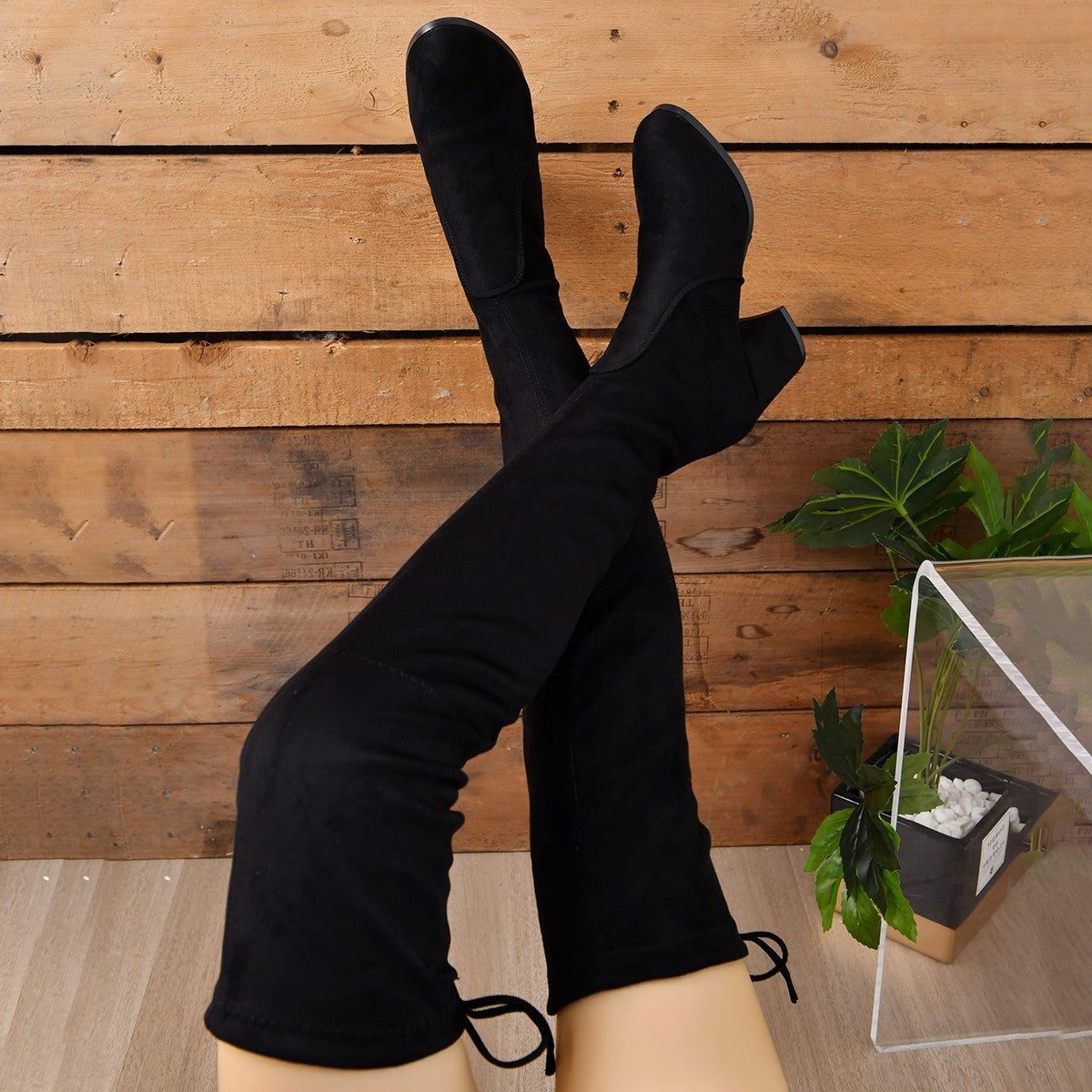 Suède Dij-Hoge Slouchy Laarzen met Blokhak voor Dames - View 4