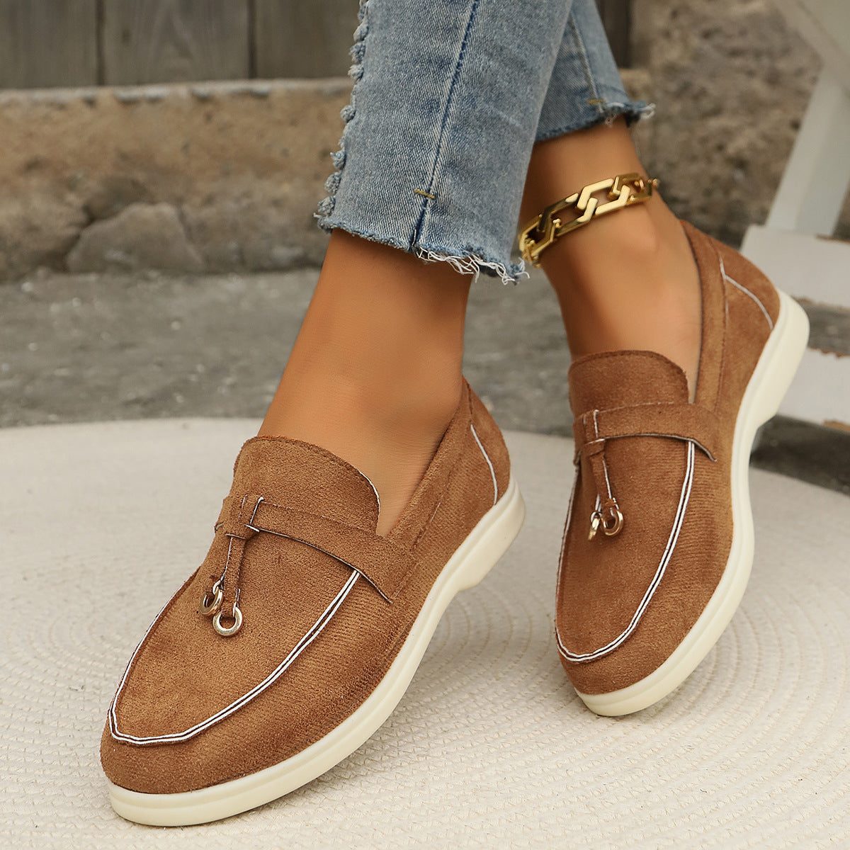 Suède Loafers met Goudkleurige Details voor Dames - Hellbraun