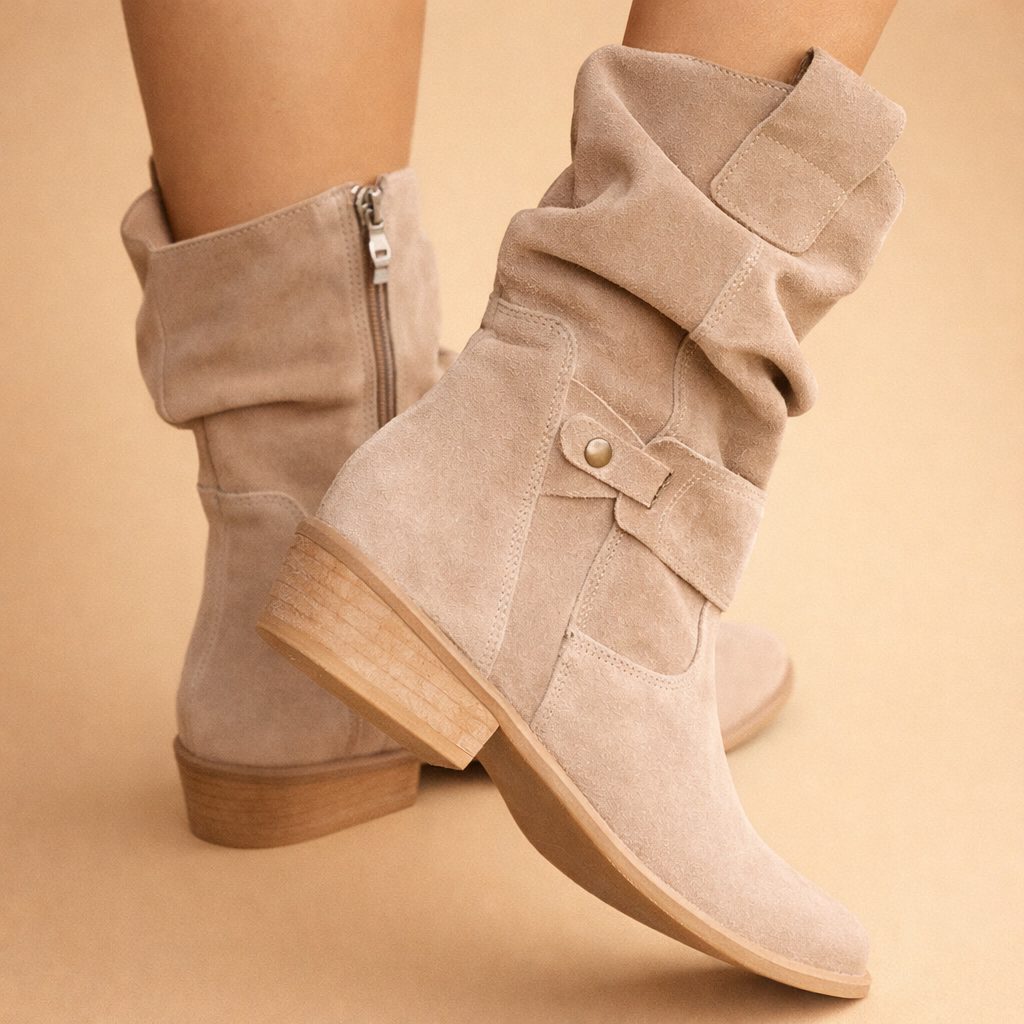 Suède Slouch Enkellaarzen met Blokhak voor Dames - Beige