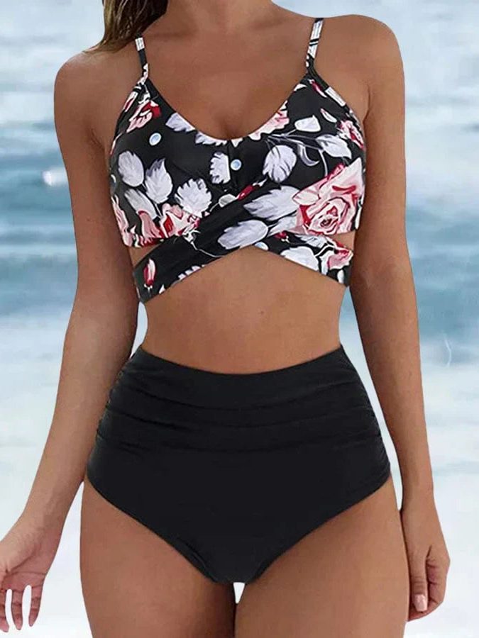 Tweedelige Bikini Set met Bandeau Bovenstuk voor Dames - Bloemen