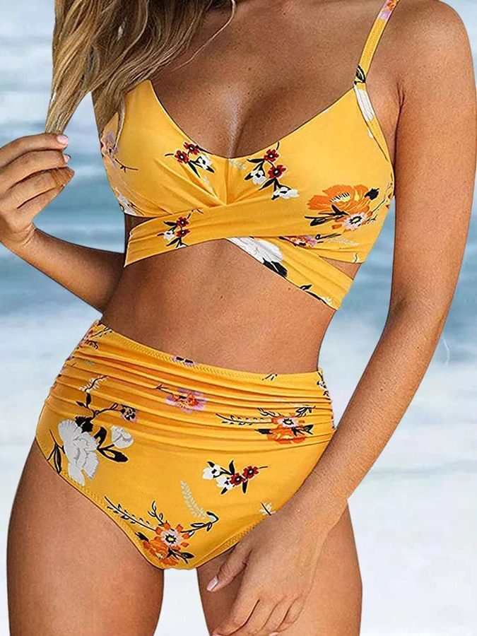 Tweedelige Bikini Set met Bandeau Bovenstuk voor Dames - Geel