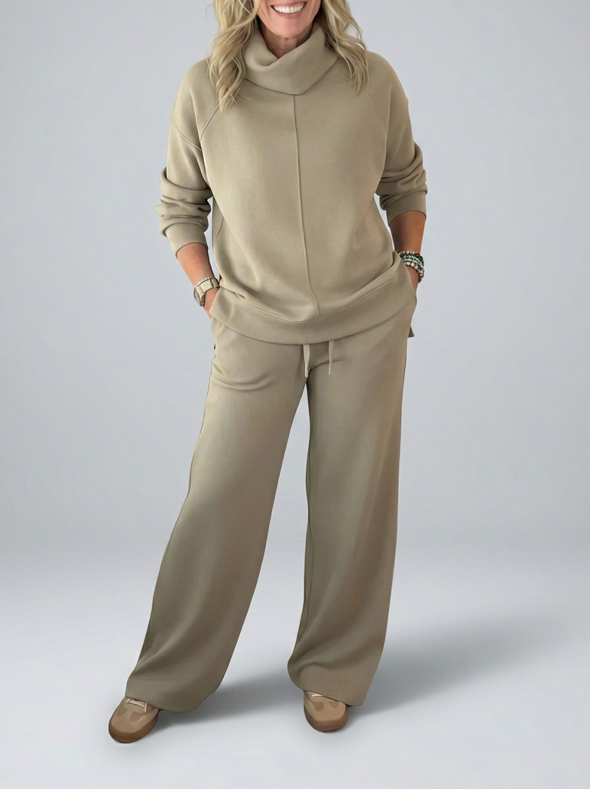 Tweedelige Set met Opstaande Kraag voor Dames - Khaki