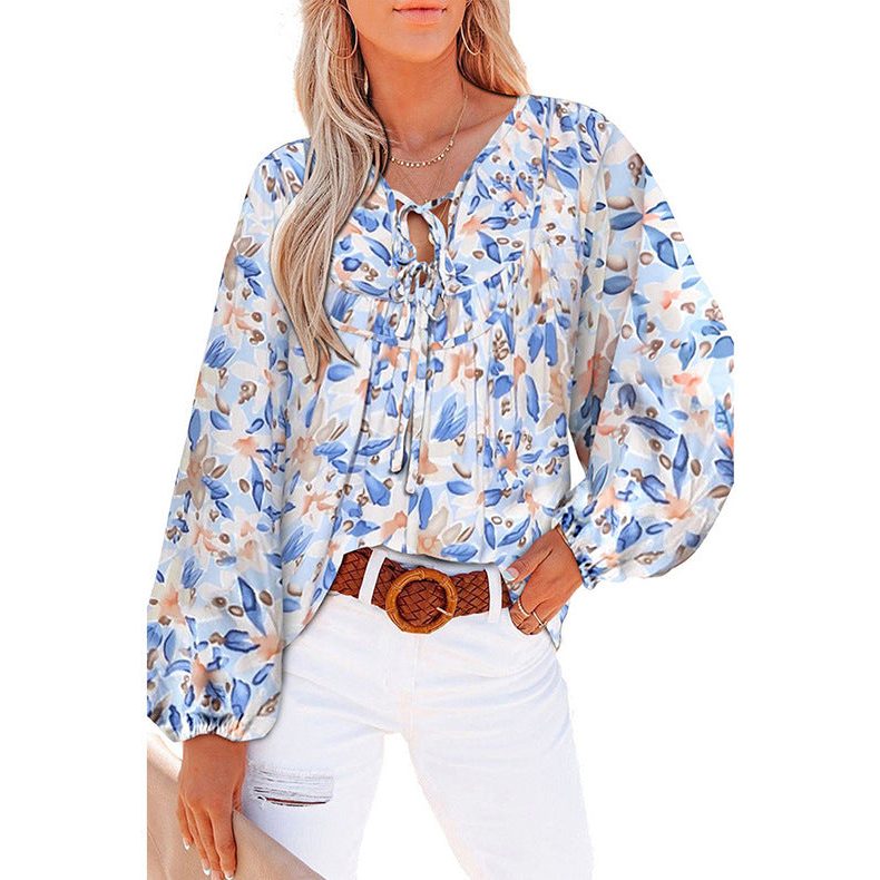 Blouse met Volumineuze Mouwen en Bloemenprint voor Dames - Lichtblauw