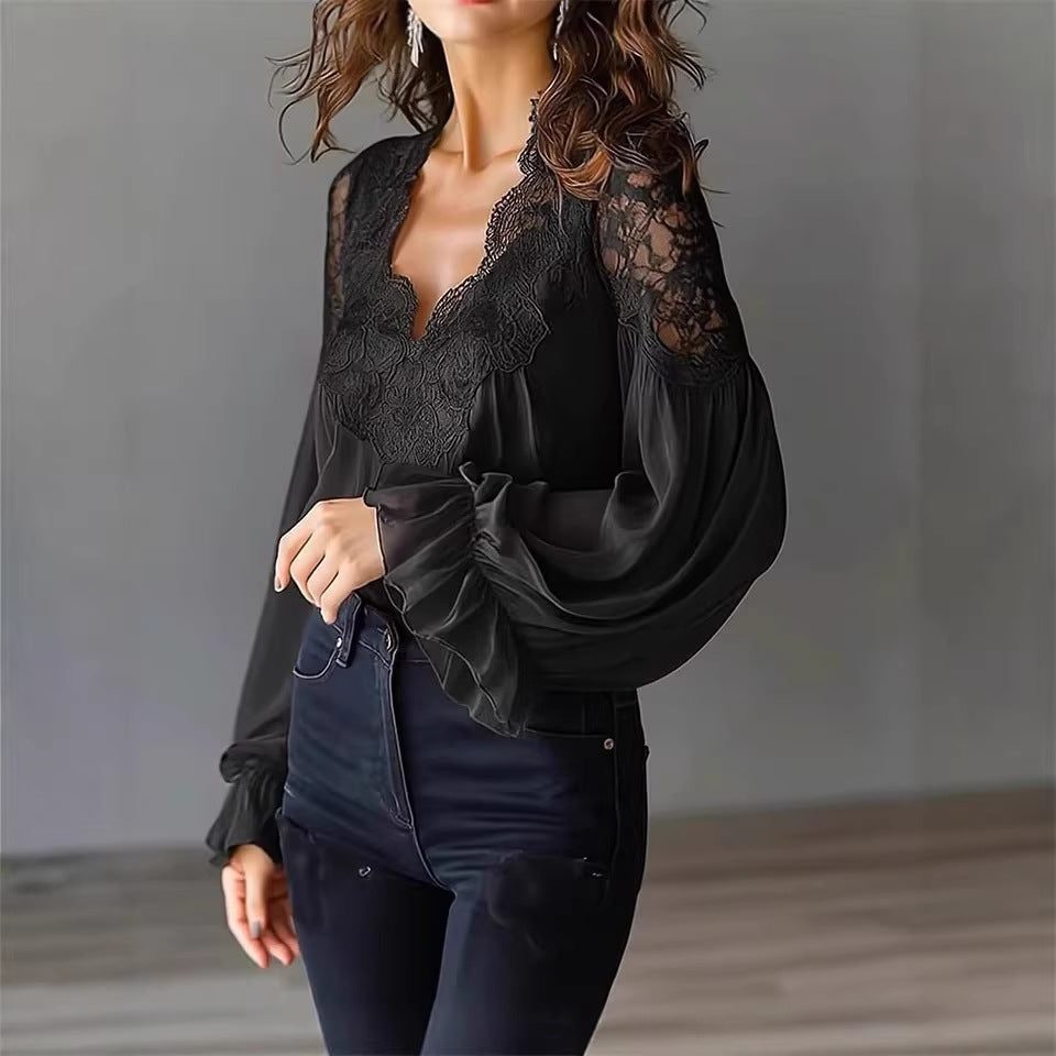 Blouse met Kant en Ruches Lange Mouwen voor Dames - View 3