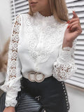Kant Blouse met Opstaande Kraag en Lange Mouwen voor Dames - (O-hals)