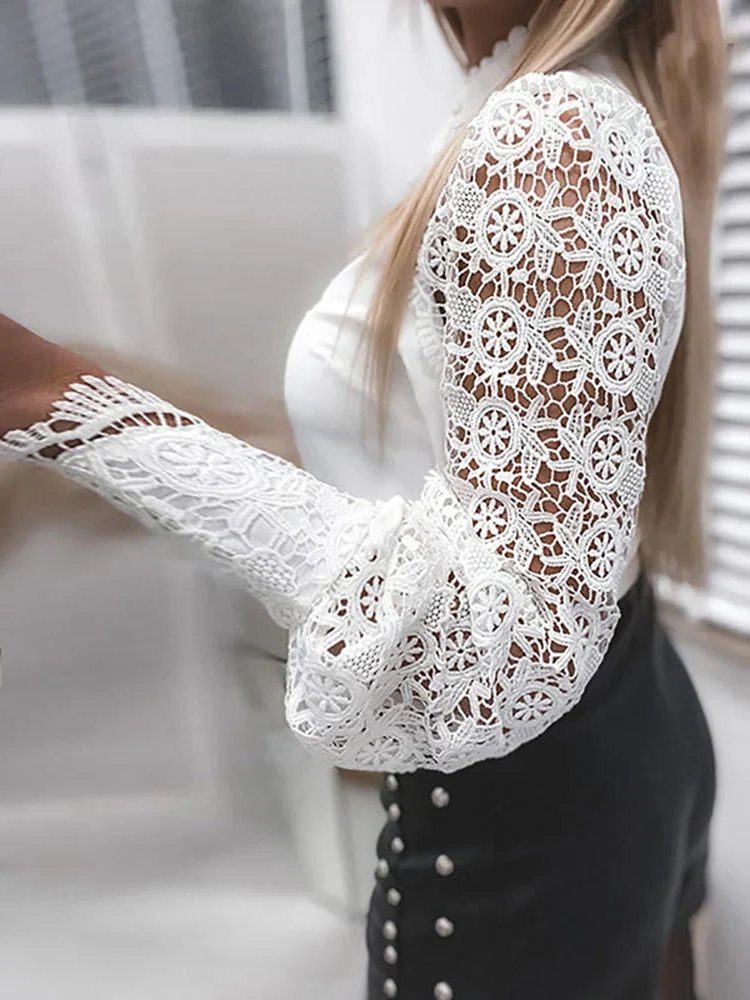 Kant Blouse met Opstaande Kraag en Lange Mouwen voor Dames