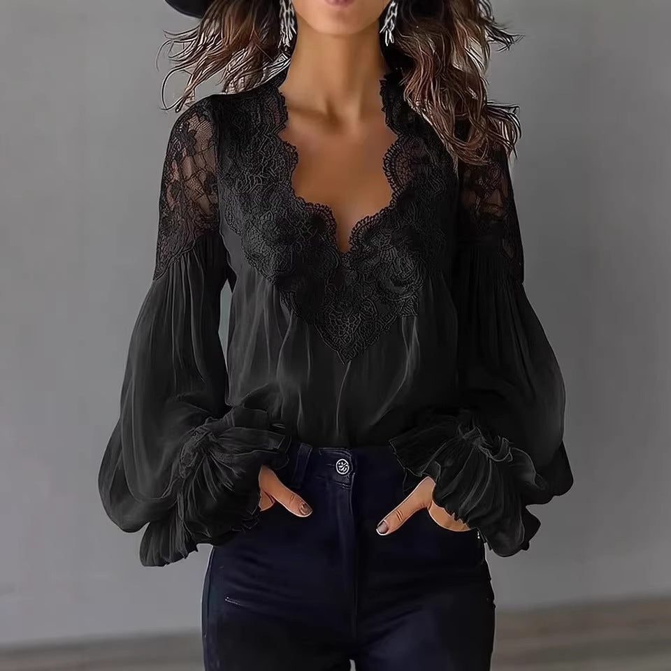 Blouse met Kant en Ruches Lange Mouwen voor Dames