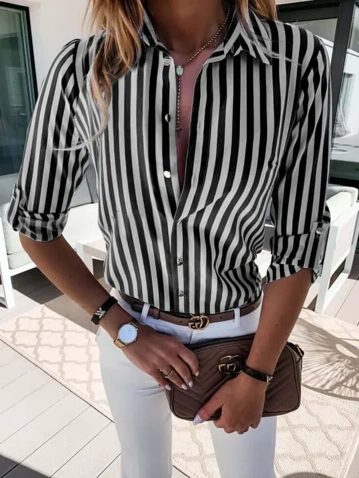 Gestreepte Blouse met Lange Mouwen voor Dames - Zwart