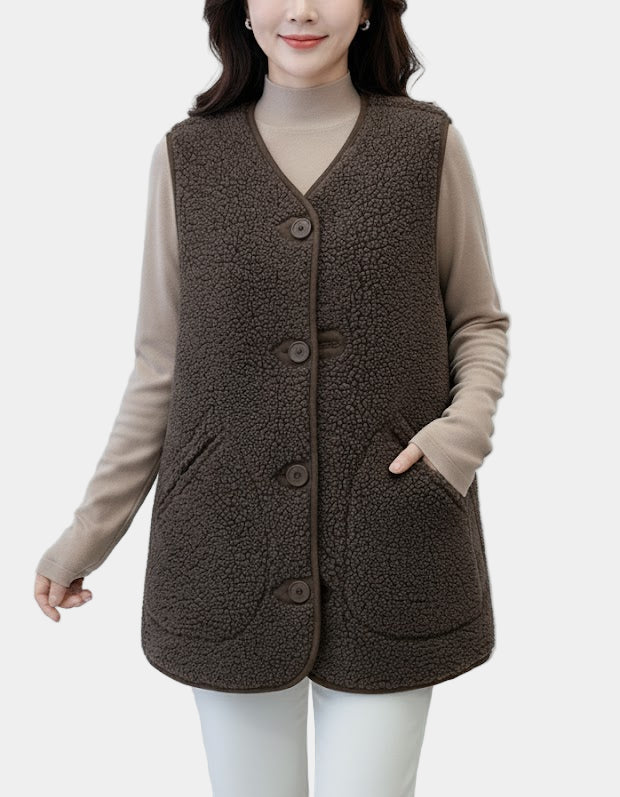 Lange Teddy Gilet met Knoopsluiting voor Dames