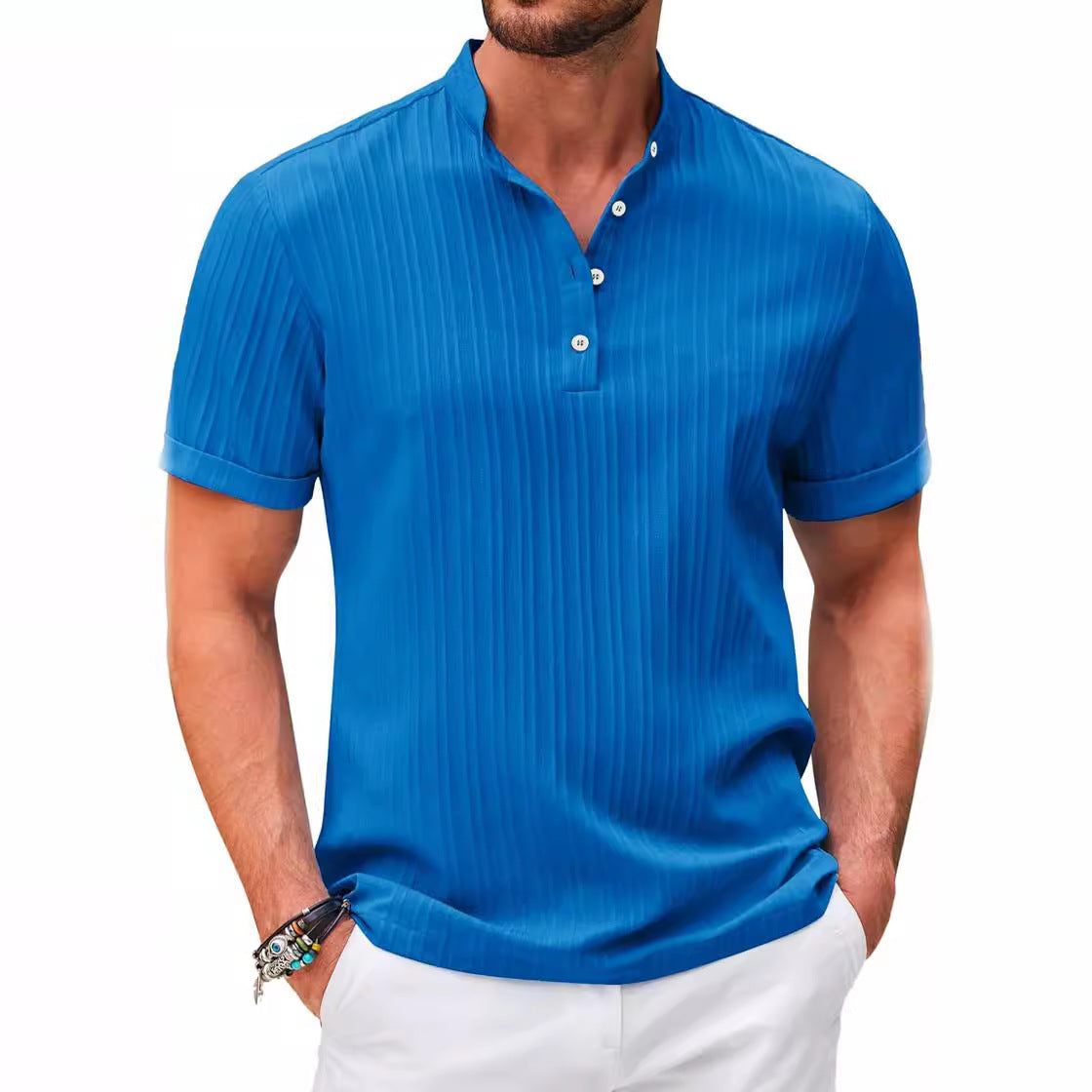 Geruite Henley-Shirt met Korte Mouwen voor Heren - Koninklijkblauw