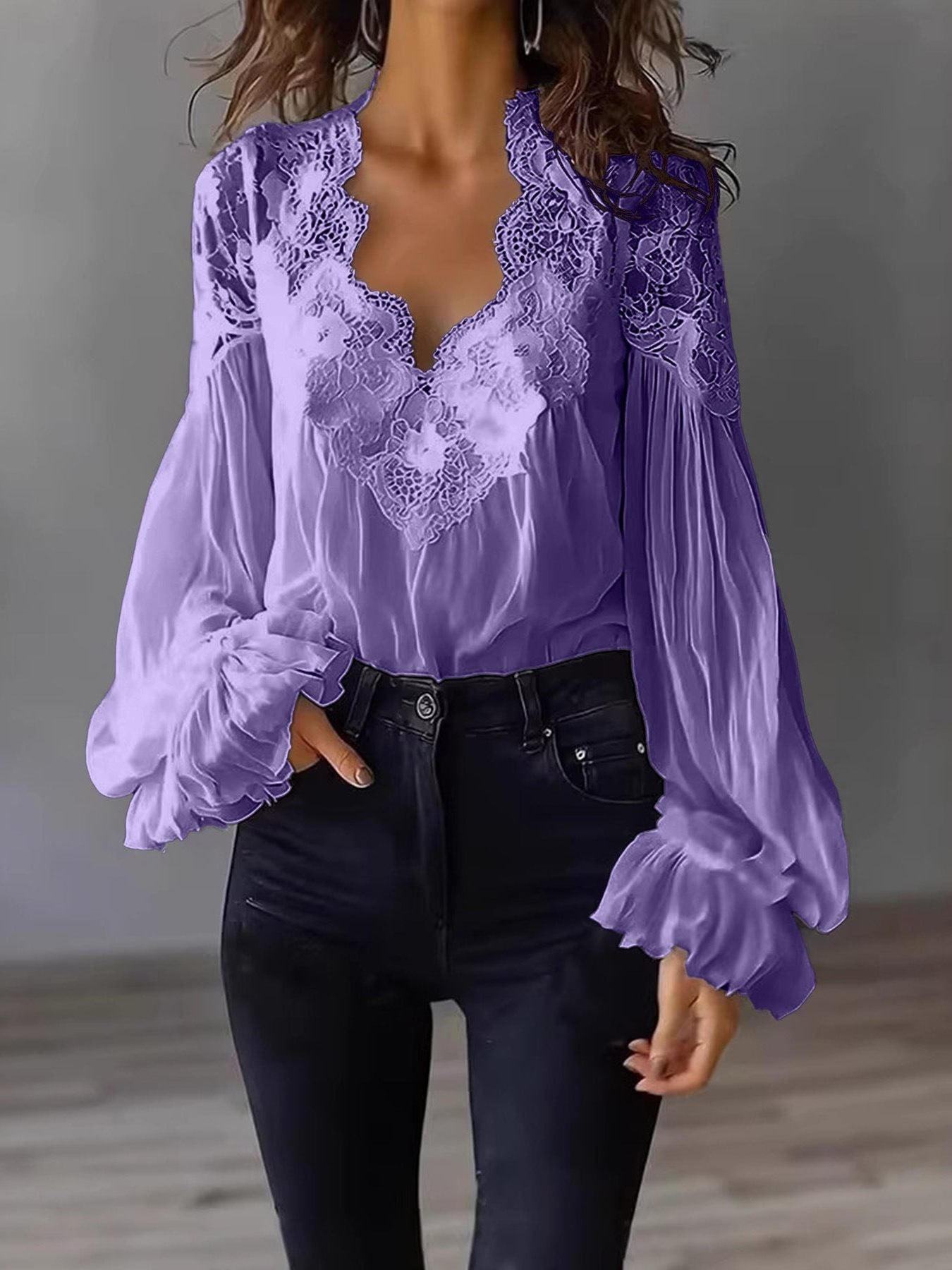 Blouse met Kant en Ruches Lange Mouwen voor Dames - Paars