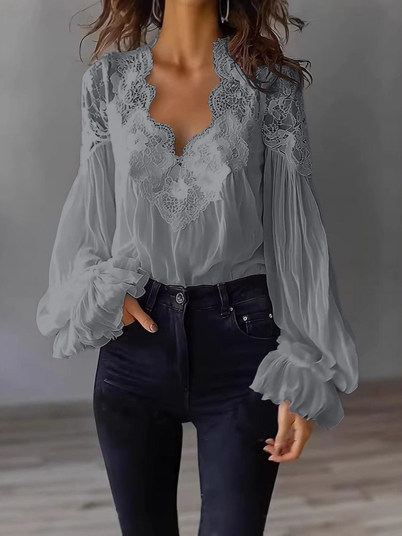 Blouse met Kant en Ruches Lange Mouwen voor Dames - Grijs