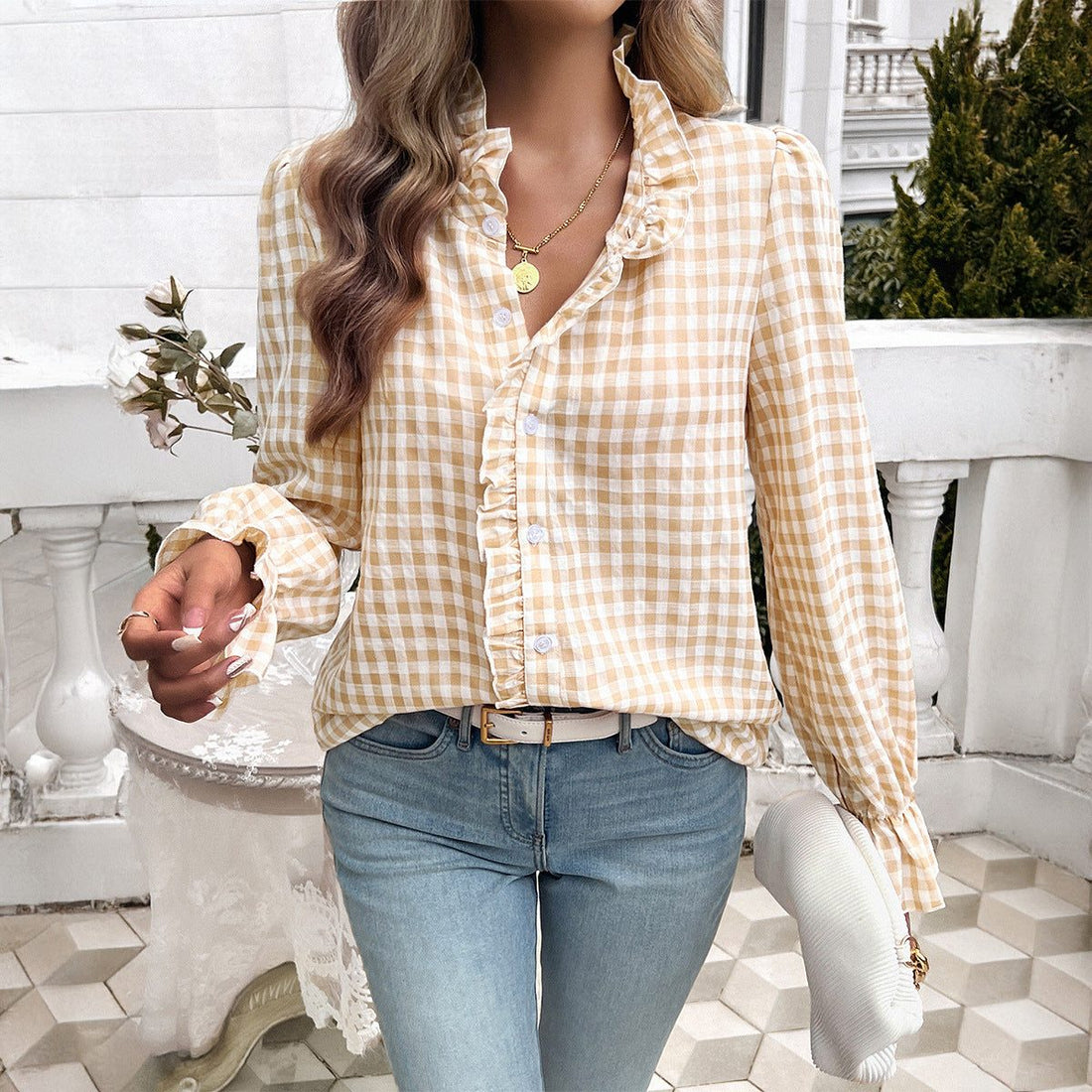 Gestreepte Blouse met Ruches en Knoopsluiting voor Dames