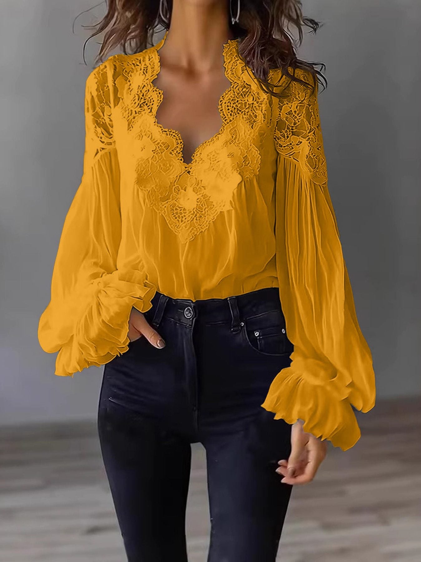 Blouse met Kant en Ruches Lange Mouwen voor Dames - Geel