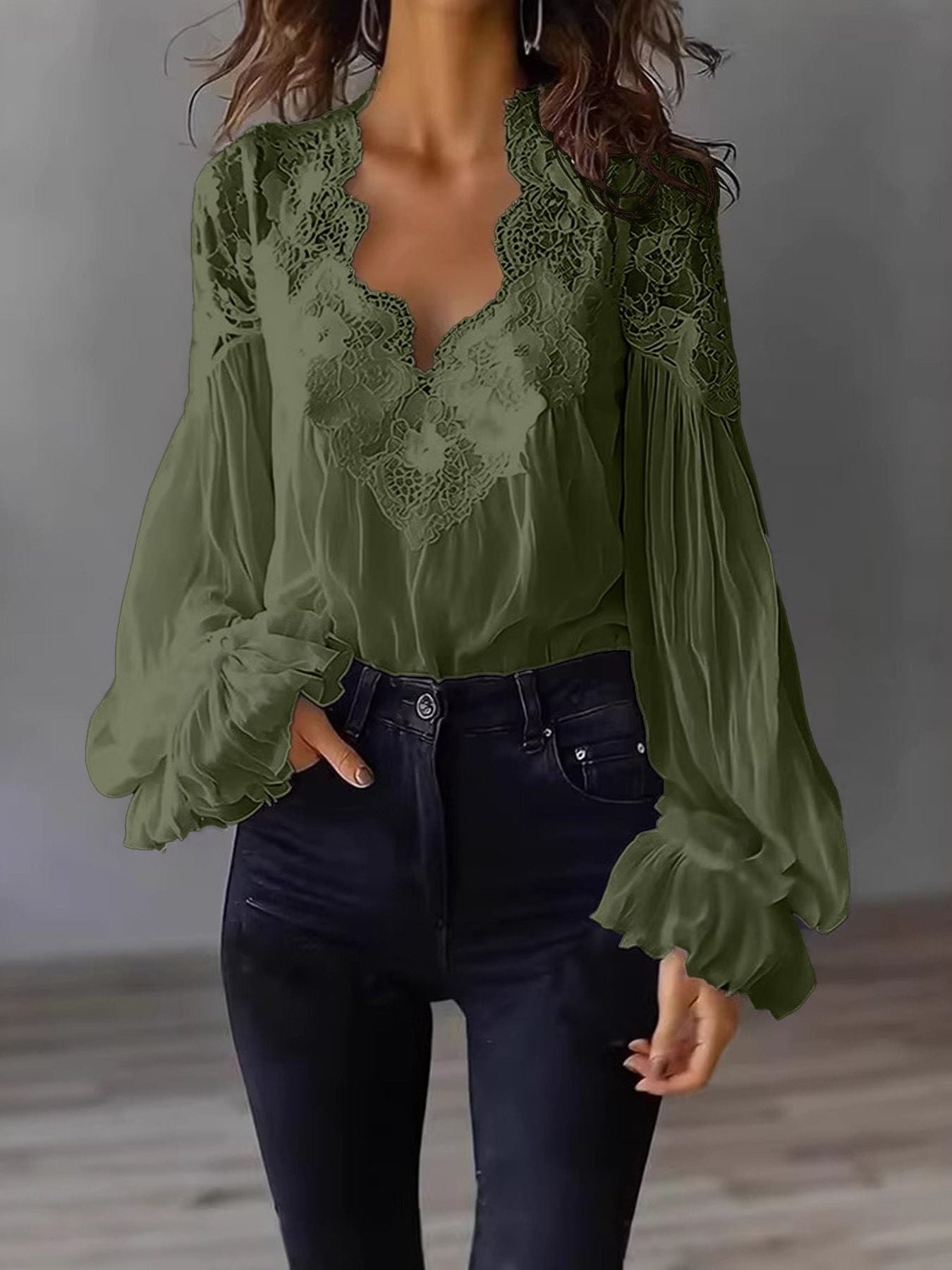 Blouse met Kant en Ruches Lange Mouwen voor Dames - Olijfgroen