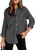 Gestreepte Blouse met Klassieke Kraag voor Dames - Zwart