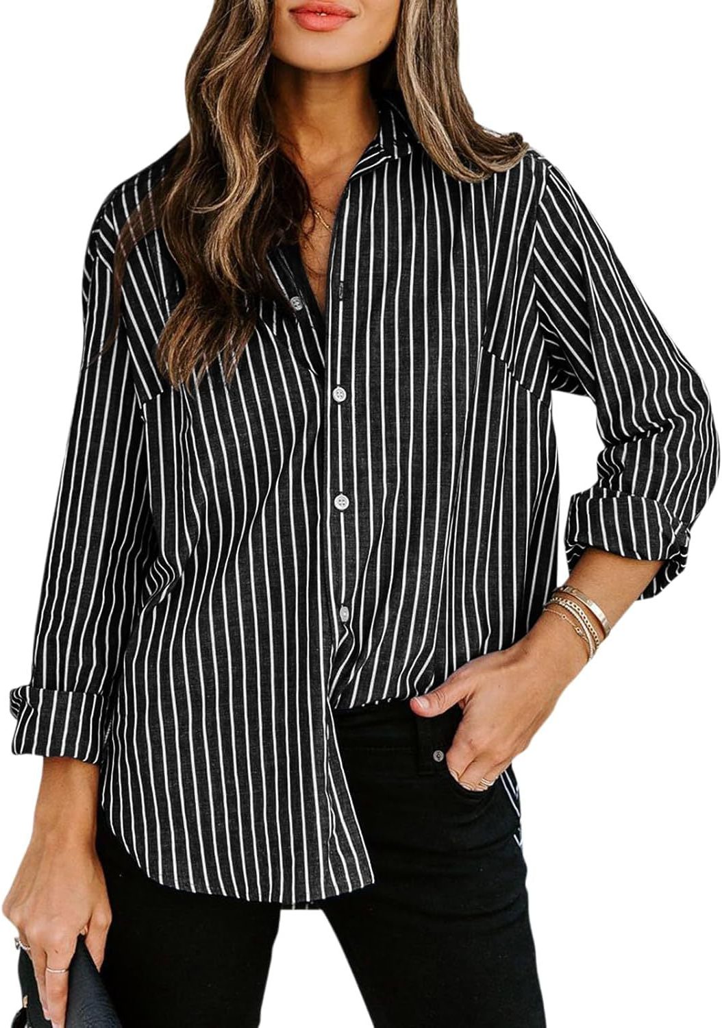 Gestreepte Blouse met Klassieke Kraag voor Dames - Zwart