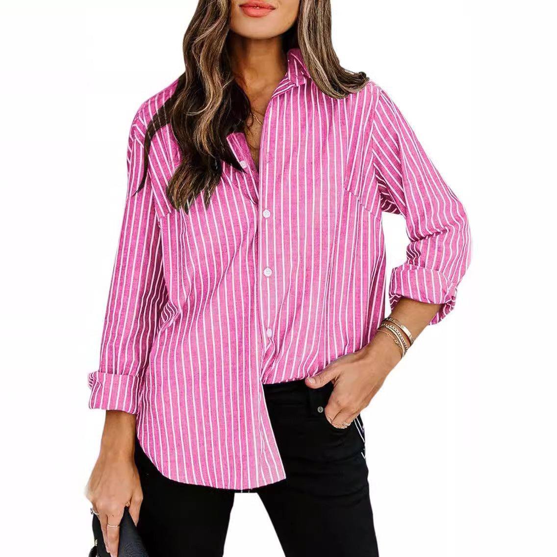 Gestreepte Blouse met Klassieke Kraag voor Dames - View 3