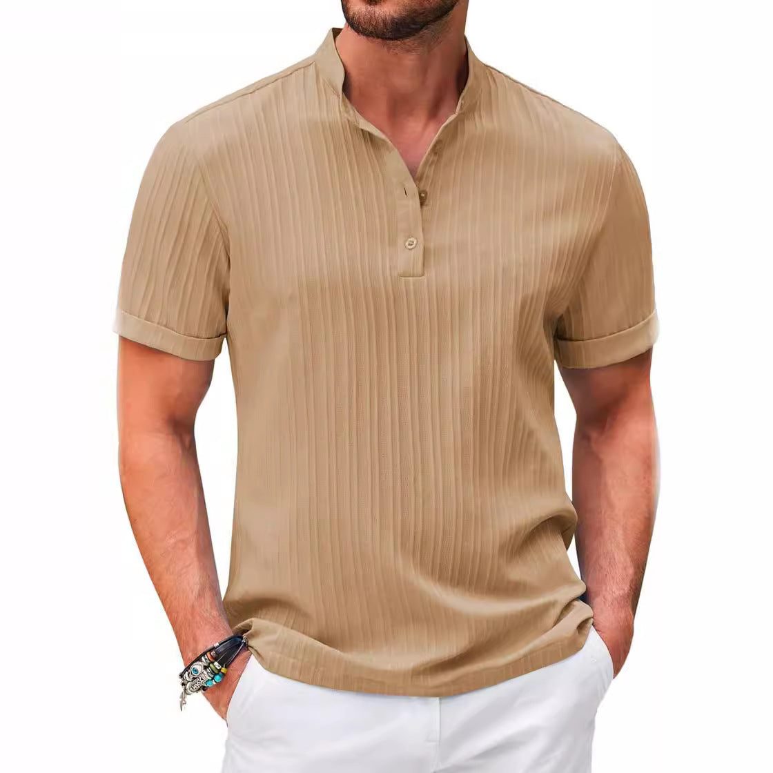 Geruite Henley-Shirt met Korte Mouwen voor Heren - Khaki
