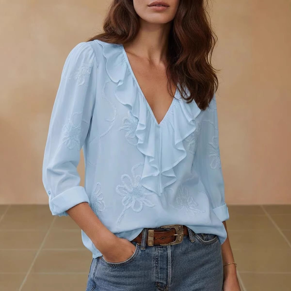 V-Hals Blouse met Bloemenborduuring voor Dames - View 3