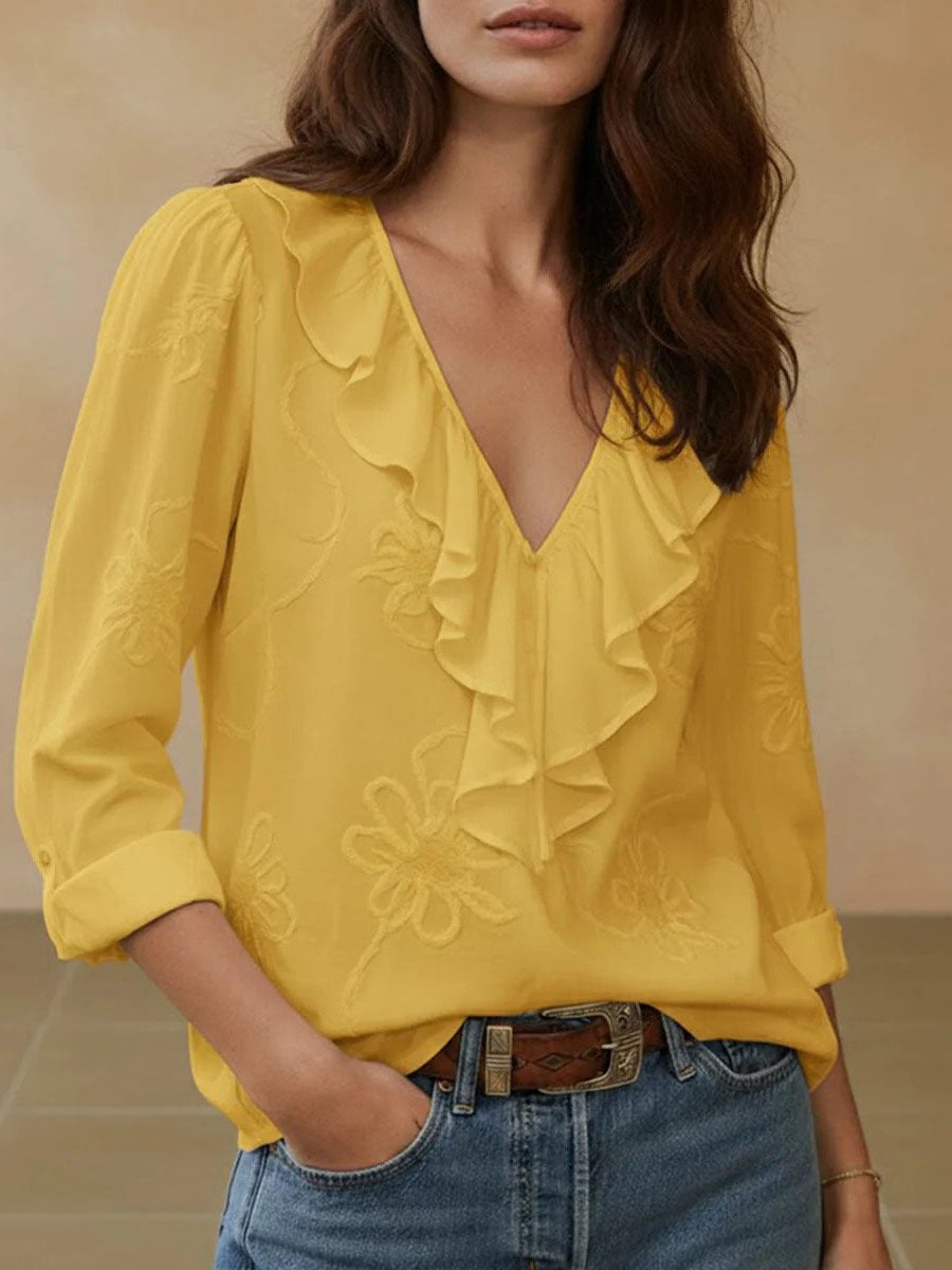 V-Hals Blouse met Bloemenborduuring voor Dames - Geel