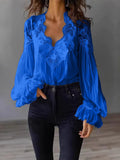 Blouse met Kant en Ruches Lange Mouwen voor Dames - Blauw