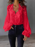 Blouse met Kant en Ruches Lange Mouwen voor Dames - Rood