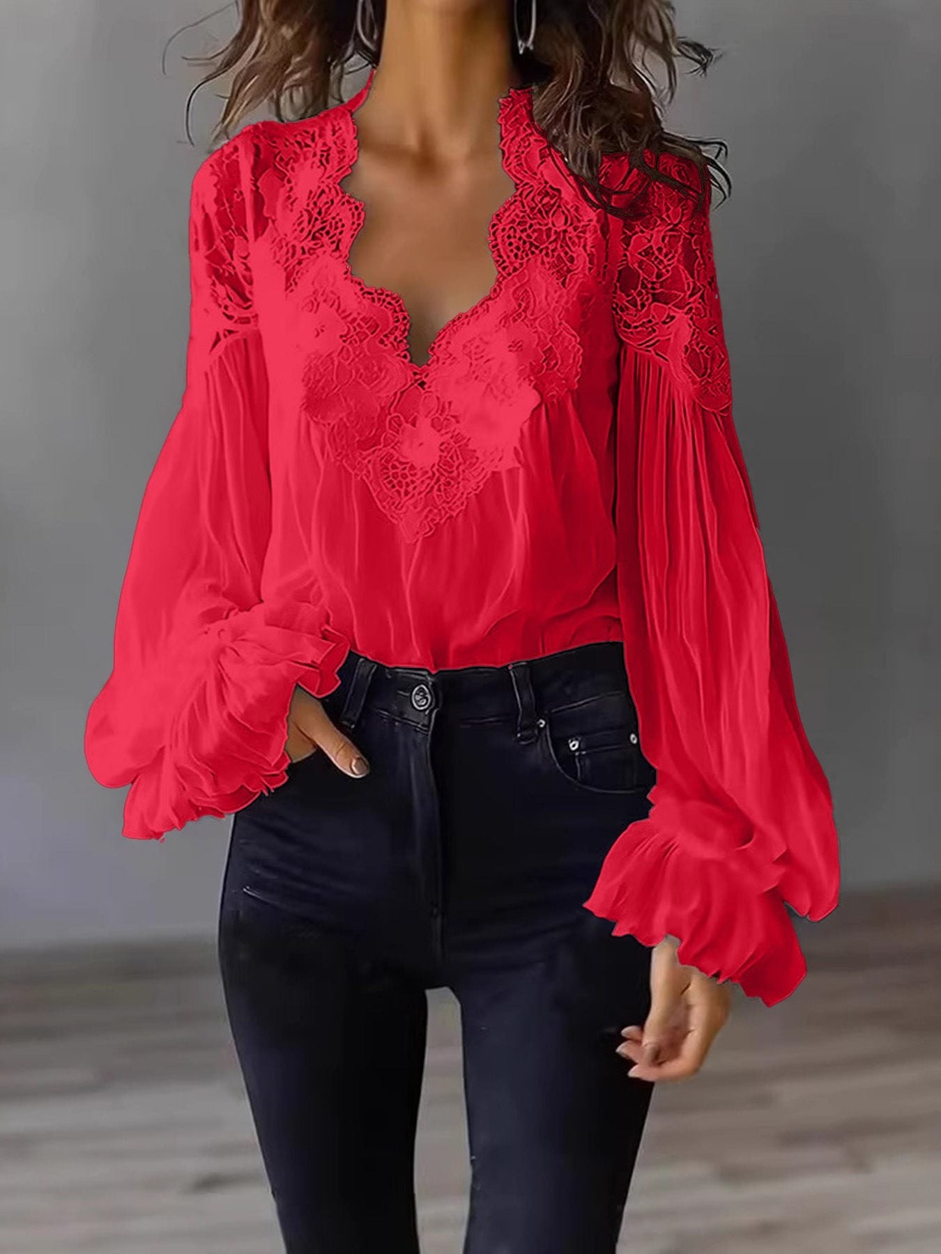 Blouse met Kant en Ruches Lange Mouwen voor Dames - Rood