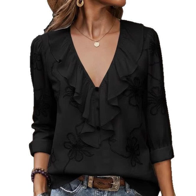 V-Hals Blouse met Bloemenborduuring voor Dames - View 5