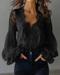 Blouse met Kant en Ruches Lange Mouwen voor Dames - Zwart