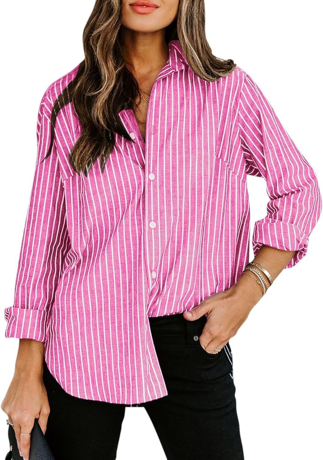 Gestreepte Blouse met Klassieke Kraag voor Dames - Roze