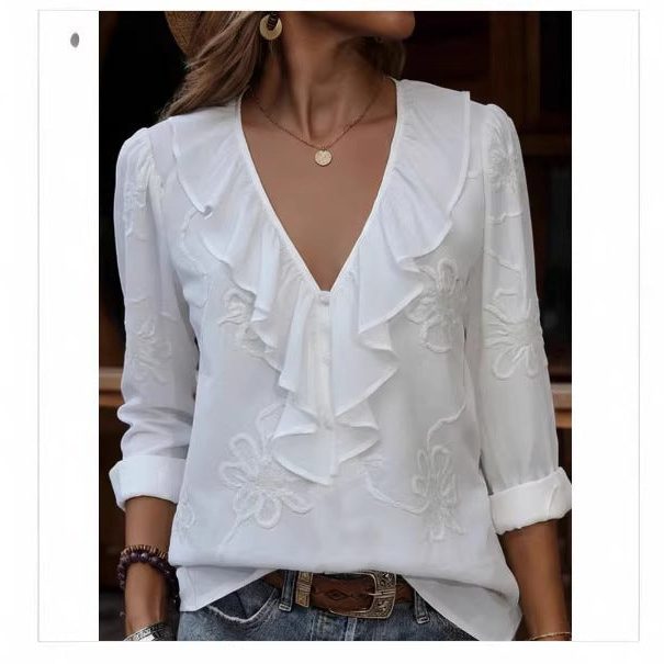 V-Hals Blouse met Bloemenborduuring voor Dames