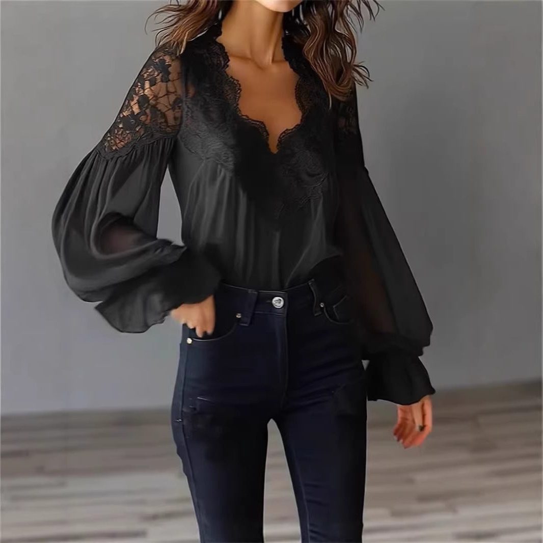 Blouse met Kant en Ruches Lange Mouwen voor Dames - View 4
